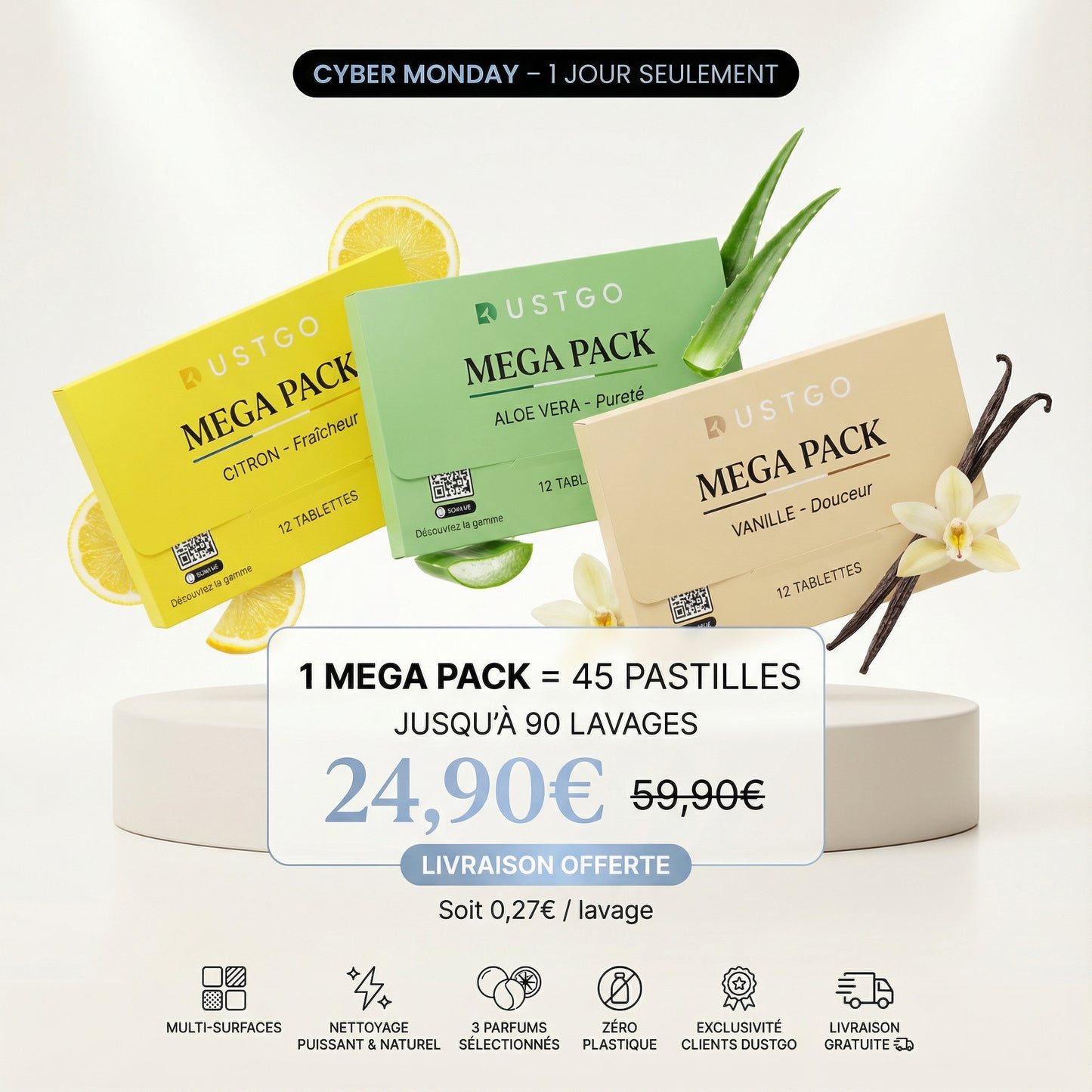 1 MEGA PACK Détergent : Multi-saveurs – 45 Pastilles / 90 Lavages