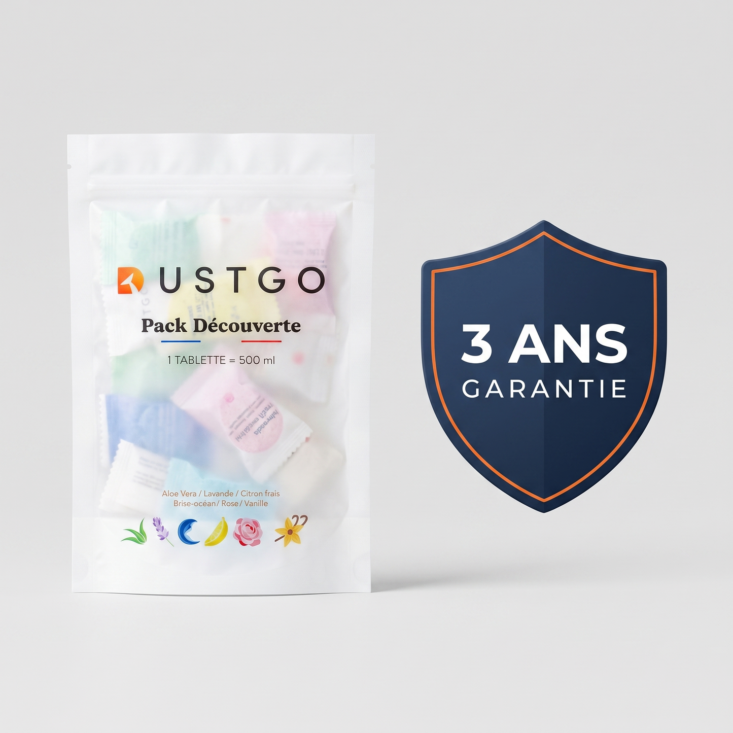 Pack Sérénité DustGo — extension de garantie 3 ans et 15 pastilles multi-parfums