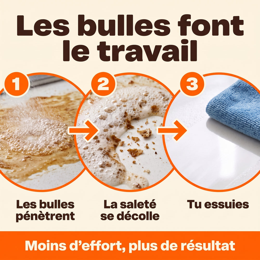 Les bulles pénètrent, la saleté se décolle, tu essuies
