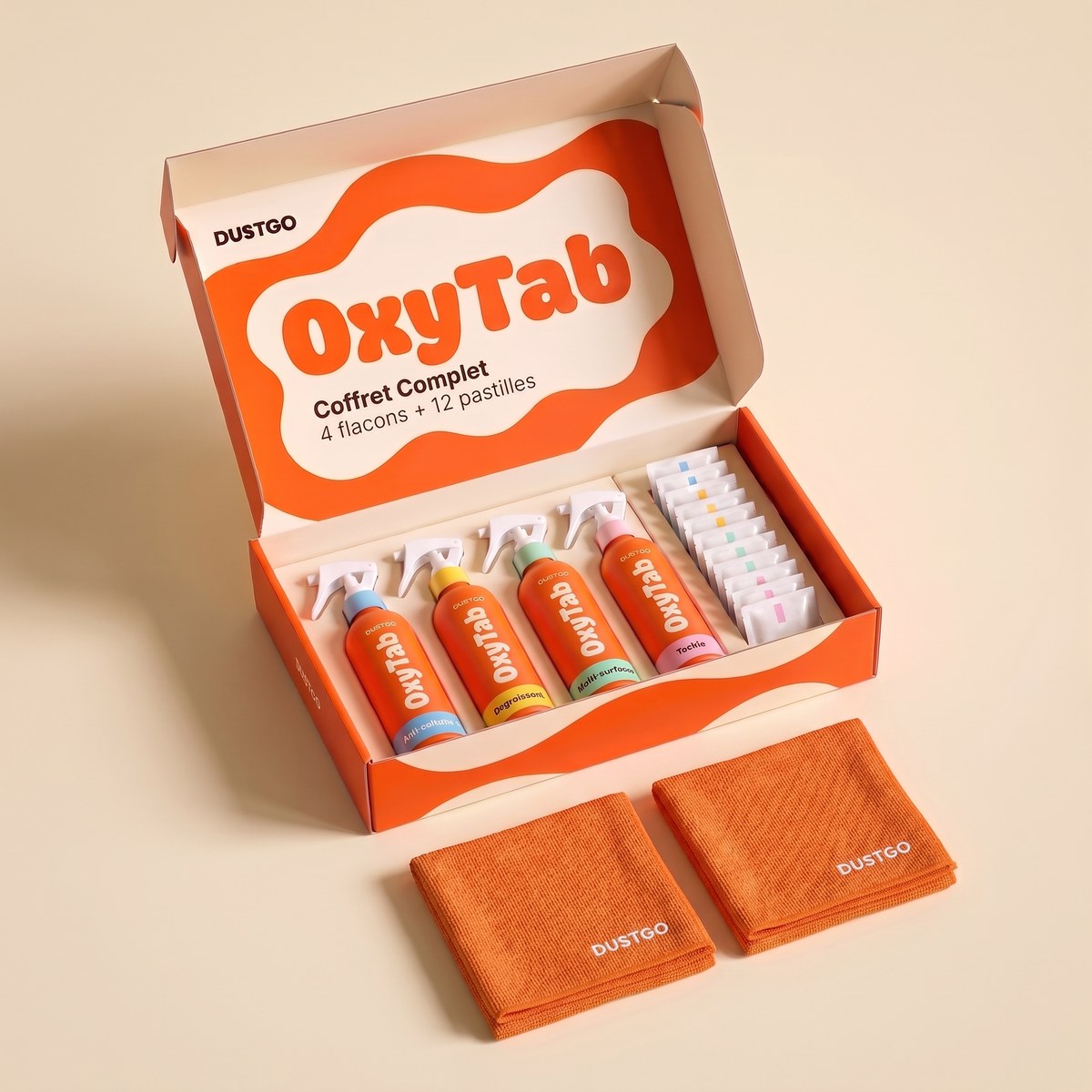 Coffret Complet OxyTab : 4 flacons, 12 pastilles et 2 chiffons offerts