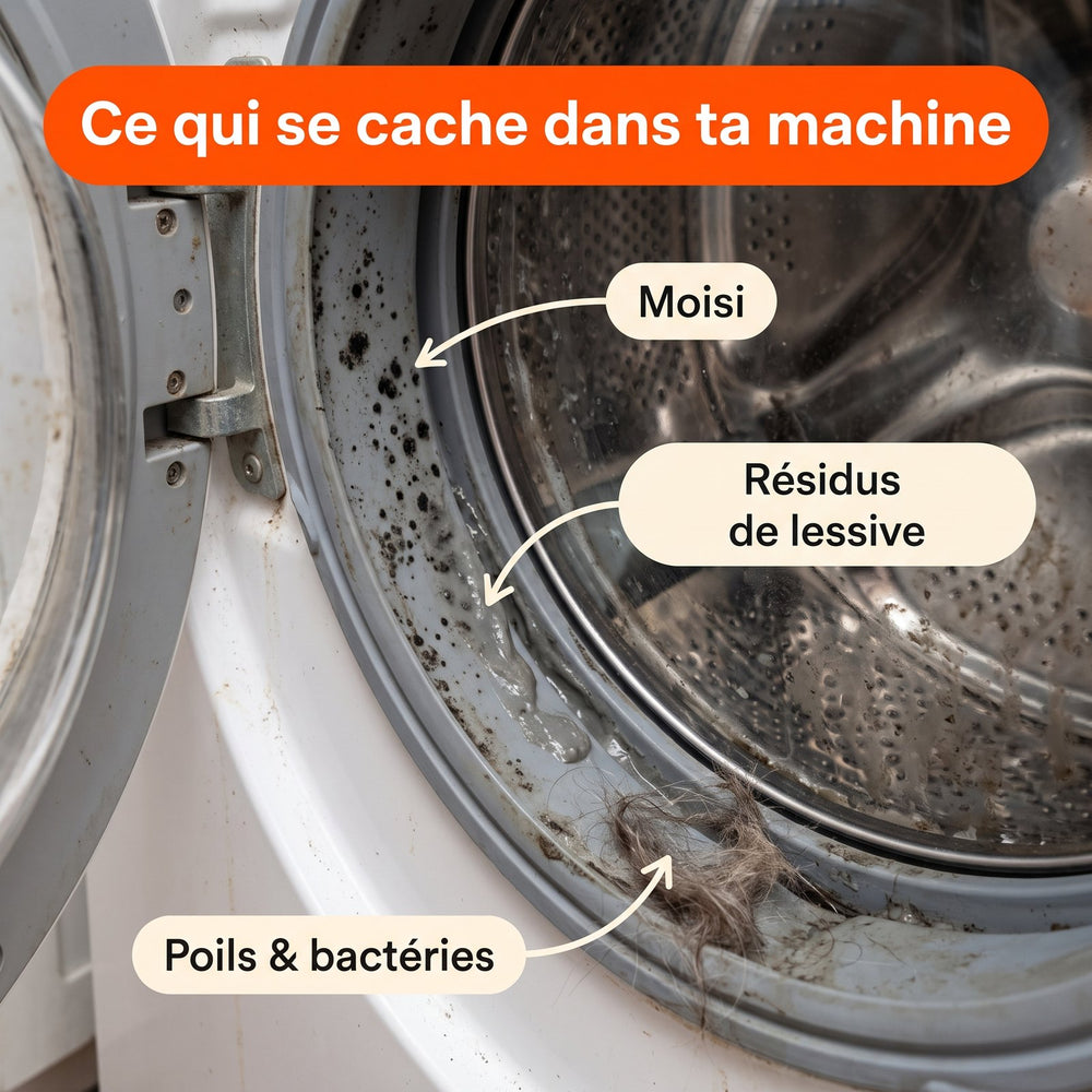 Moisi, résidus de lessive et poils dans le joint d'une machine à laver